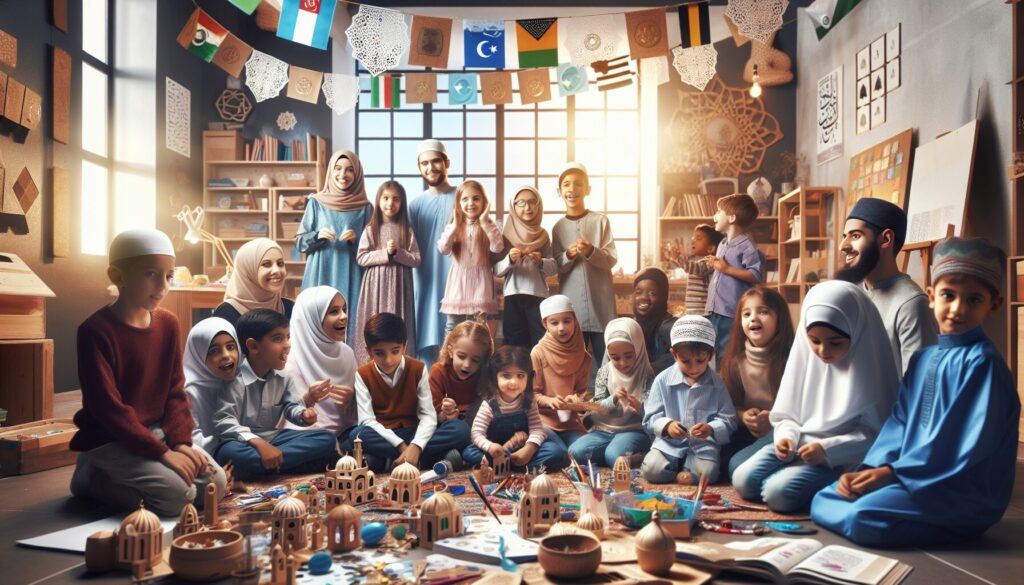 Children from diverse backgrounds joyfully engage in DIY Islamic art projects together.
