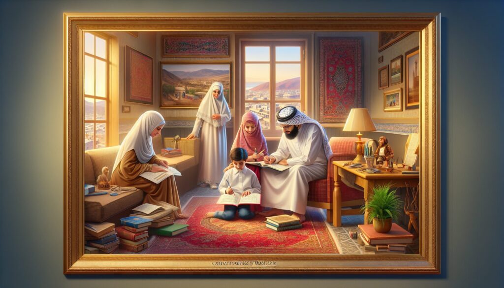 Family engaging in Islamic educational activity in a warm, culturally rich Western home setting.