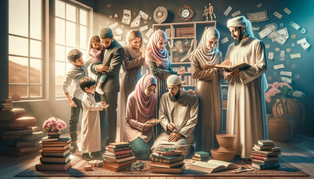 Middle-Eastern family shares a meal, kids organize books, parents teach dance in a cozy room.