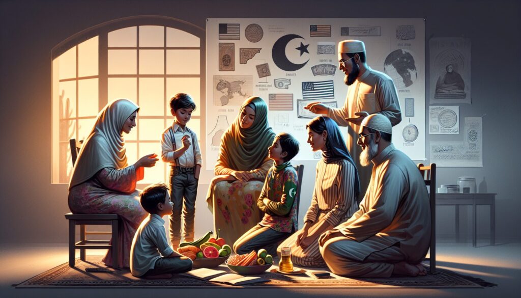 Muslim families engage in storytelling and discussions, highlighting benefits of family traditions.