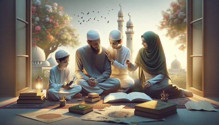 Middle-Eastern family of four engaged in Islamic conversation and learning activities.