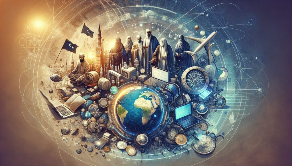 A serene blend of Islamic and Western elements with technology and cultural harmony.