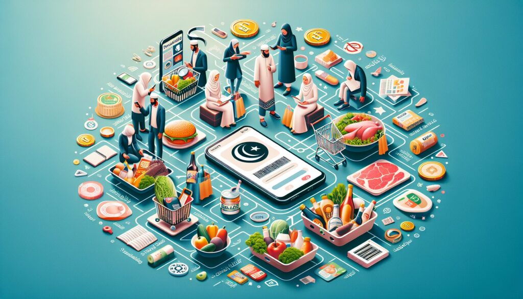 Diverse shoppers use a mobile app to scan halal product labels in a well-lit grocery store.