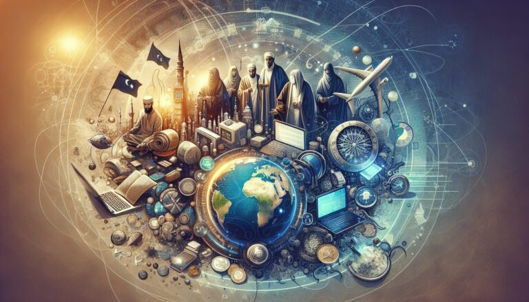 A serene blend of Islamic and Western elements with technology and cultural harmony.