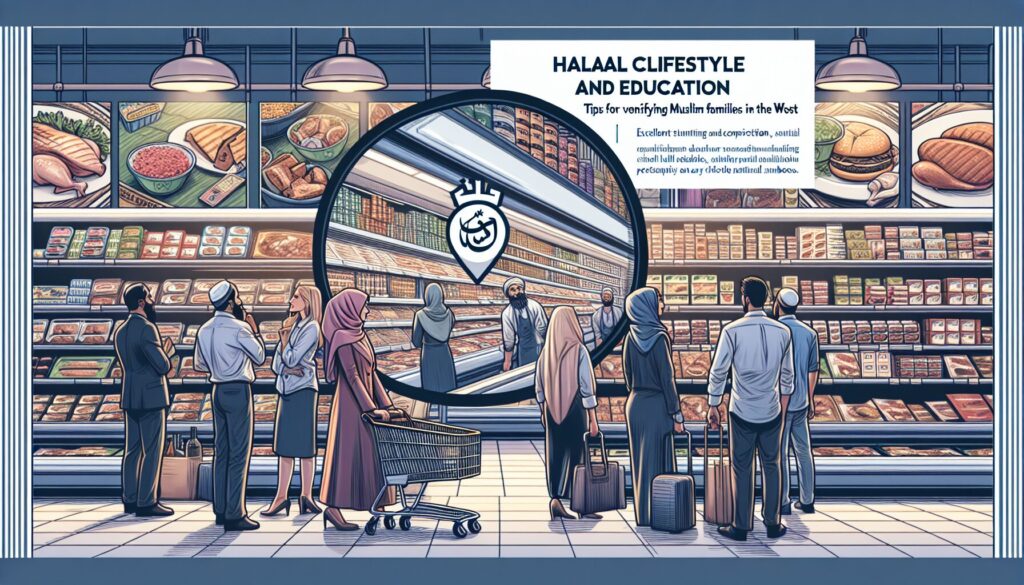 Diverse shoppers examine halal-certified products in a well-lit grocery store.