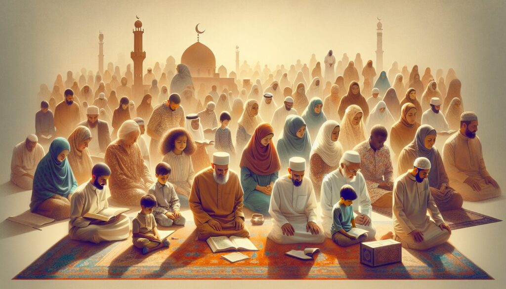Families of diverse backgrounds engage in Islamic prayers throughout the day in a serene setting.