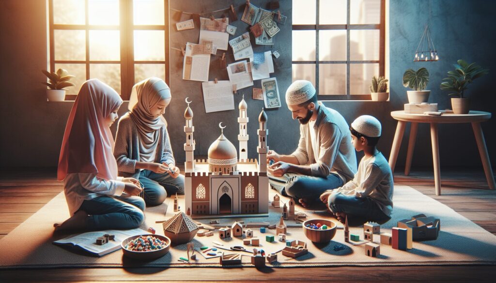 Muslim family crafting a miniature mosque together with household materials in a bright setting.