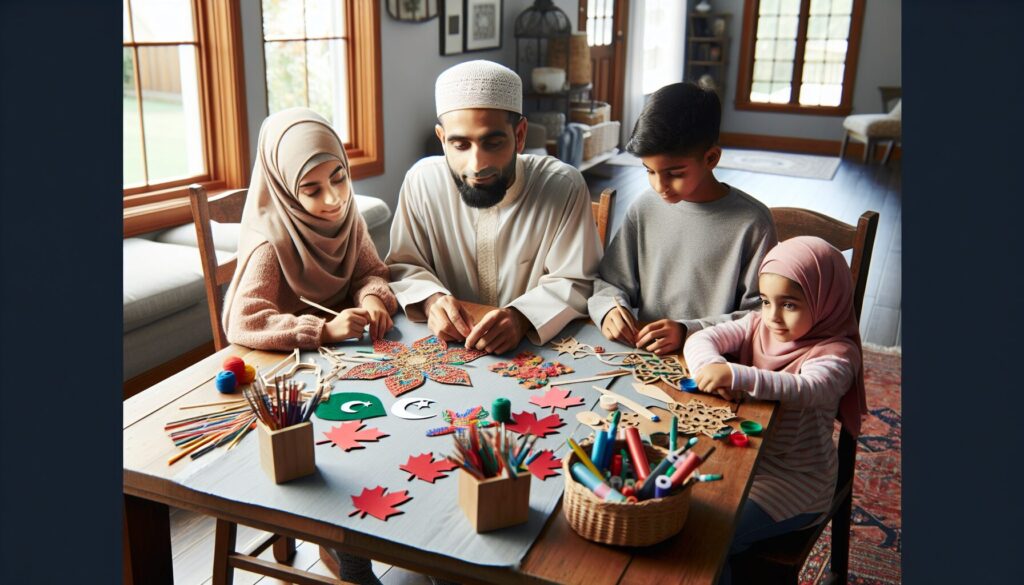 Muslim family in Canada crafting together at a colorful, well-lit table on a weekend.