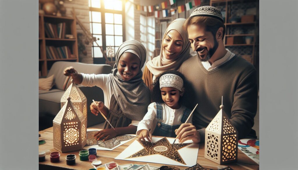Diverse Muslim family creating holiday crafts, painting geometric patterns on lanterns together.