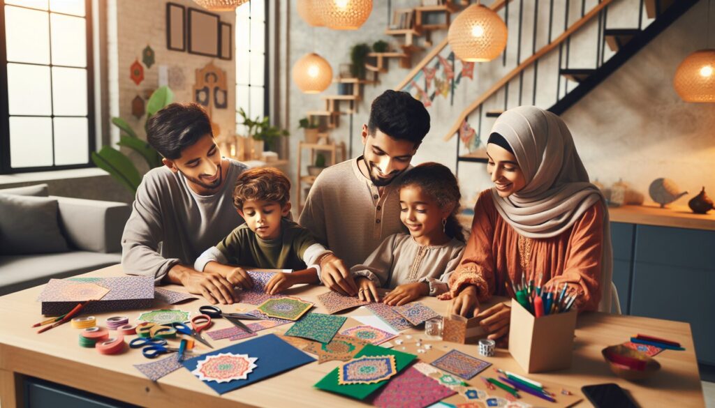 Muslim family crafting Eid cards with vibrant colors and Islamic patterns in a warmly lit home.