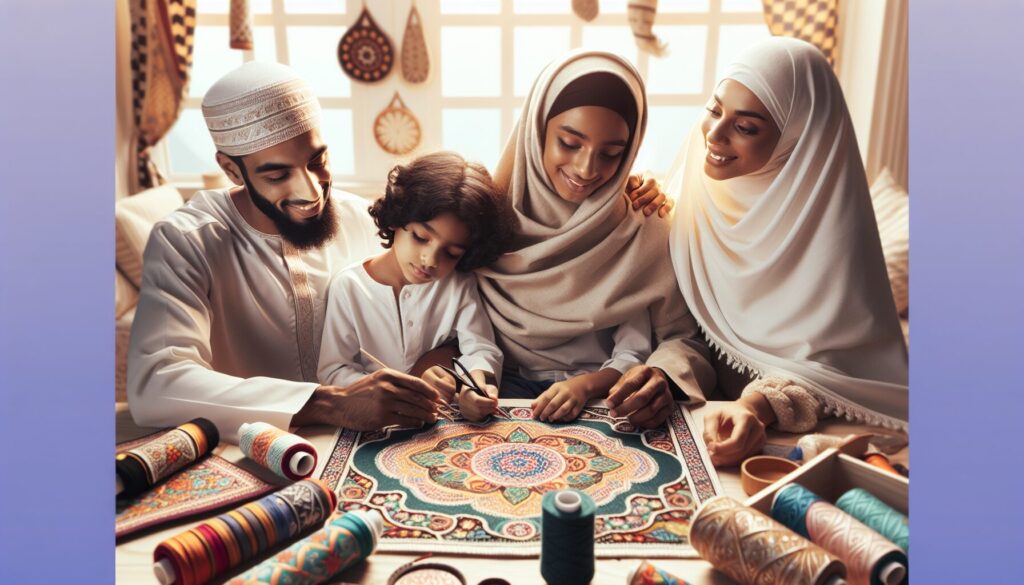 Family of diverse descent crafting intricate prayer mats together, symbolizing cultural traditions.