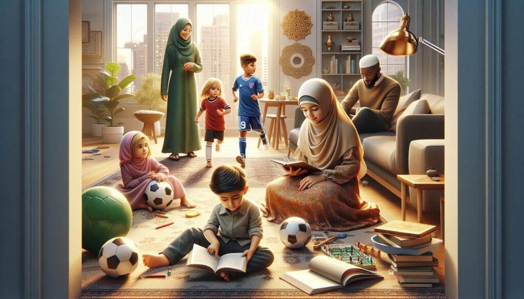 Children of diverse backgrounds engage in reading and soccer as parents watch, surrounded by culture.