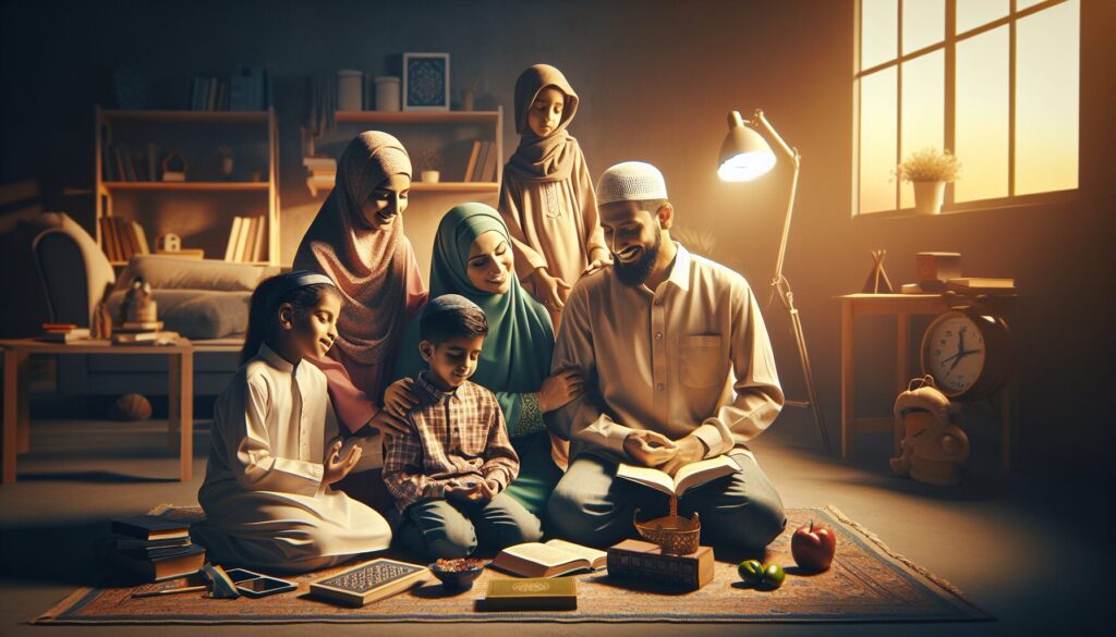 Islamic parents and diverse children bond through play and learning, fostering weekend growth.