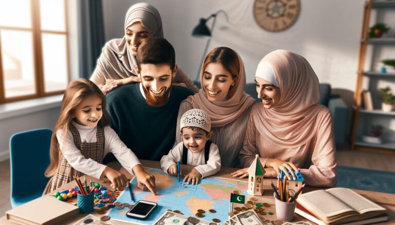 Muslim family engaged in learning activities at home, fostering kids' growth on a weekend.