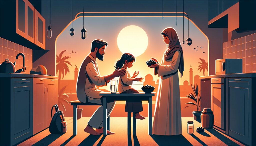 Father guides daughter through kids first Ramadan fast with dates and water at sunset