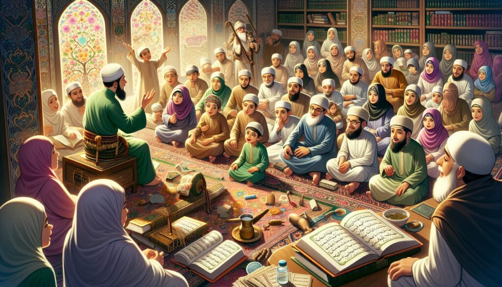 Families in traditional Islamic attire listen intently to a storyteller, surrounded by educational books.