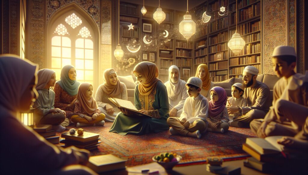 A South Asian mother reads a storybook to her children, capturing Islamic storytelling in the UK.