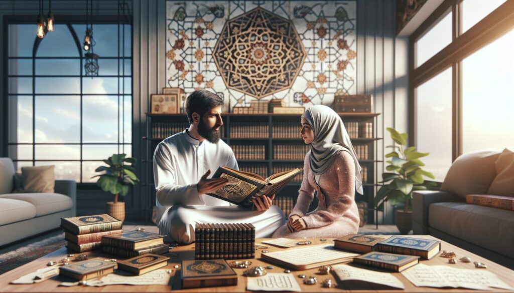 Couple studying choosing Islamic names guide manuscript in modern home with Islamic art decor