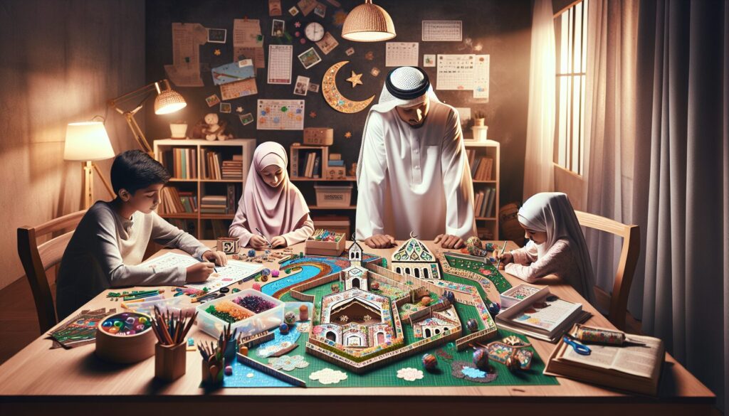 Family making Ramadan crafts for kids with colorful materials and DIY calendar