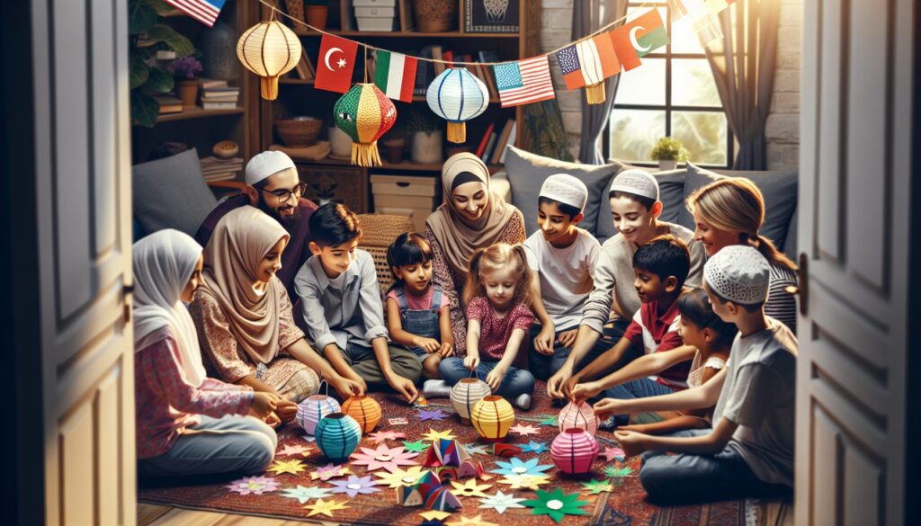 Children and parents making Ramadan crafts for kids with colorful paper lanterns at home