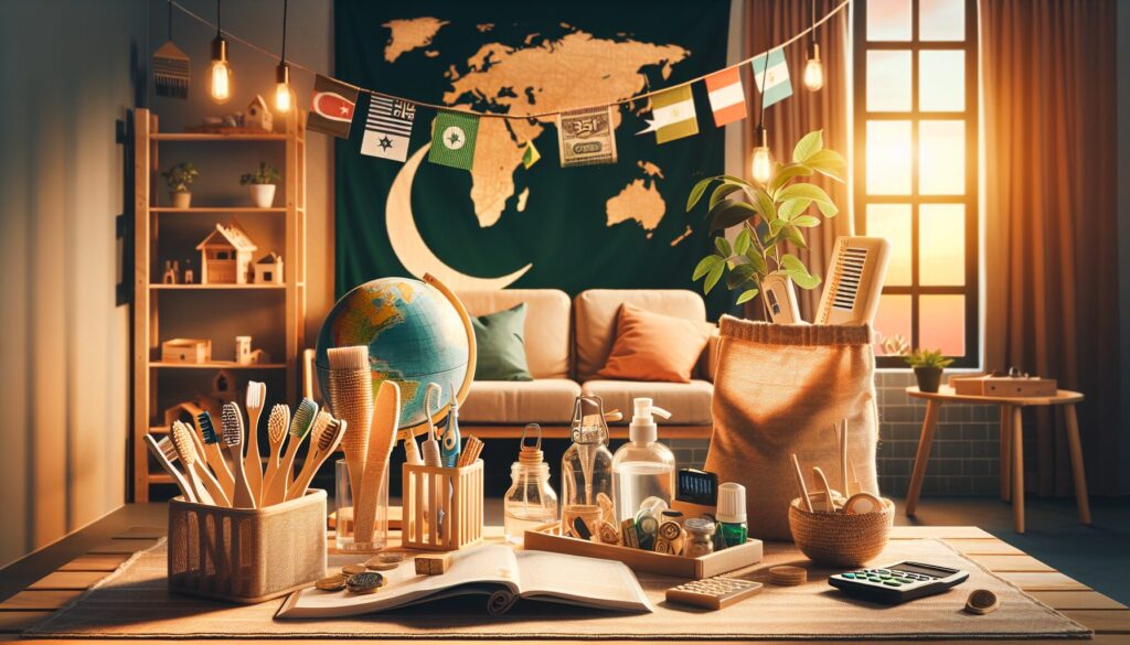 Eco-friendly home with bamboo toothbrushes, reusable bags, and solar gadgets in warm lighting.