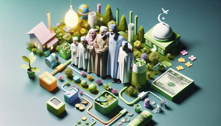 Muslim family engages in sustainable practices like recycling and planting trees in a serene setting.