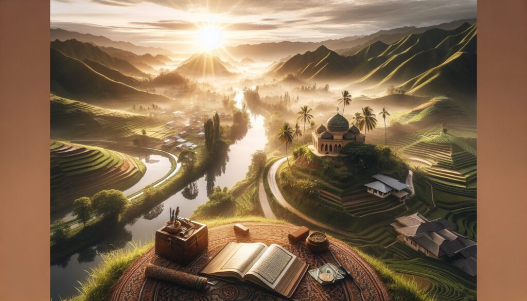Scenic Islamic architecture amidst natural beauty representing peace and knowledge.