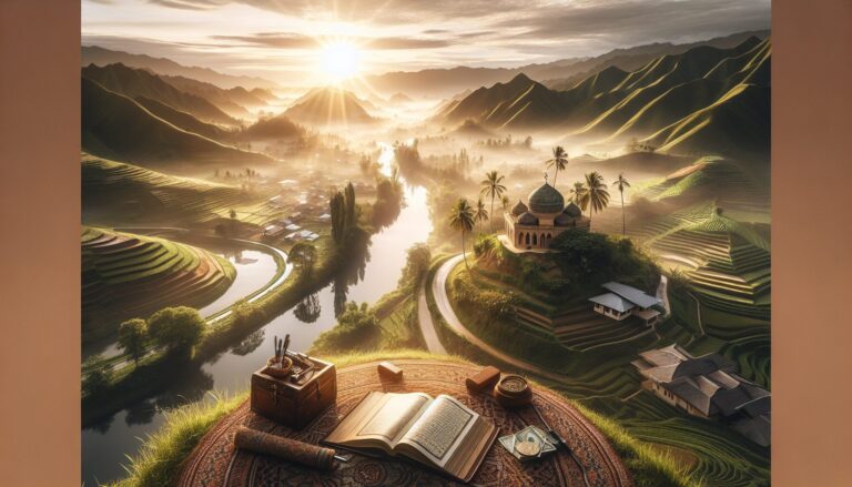 Scenic Islamic architecture amidst natural beauty representing peace and knowledge.