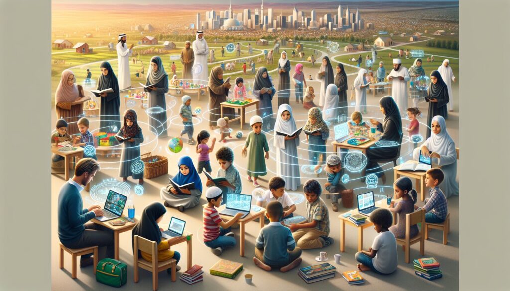 Diverse children engaging in tech-aided Islamic learning activities in a vibrant community setting.