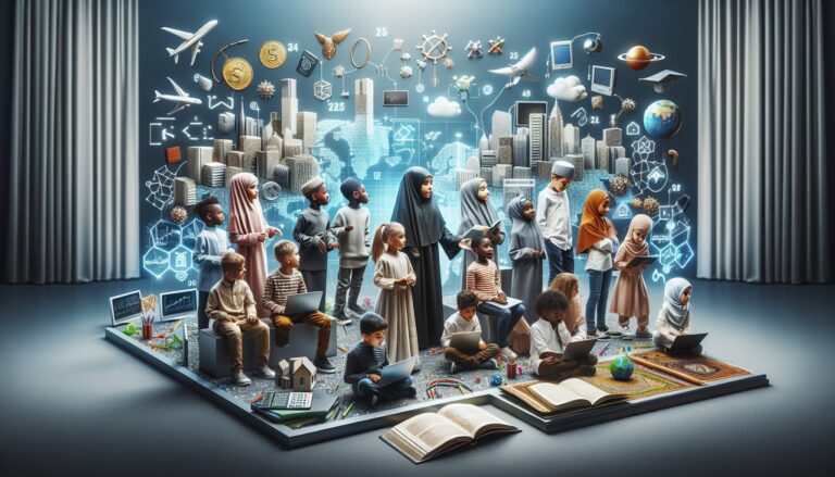 Diverse kids use tech tools for Islamic learning in a bright, modern setting, symbolizing 2025.