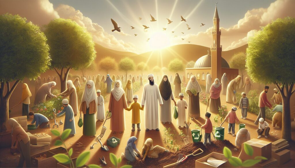 Muslim families of diverse descents planting trees and recycling under warm sunlight.