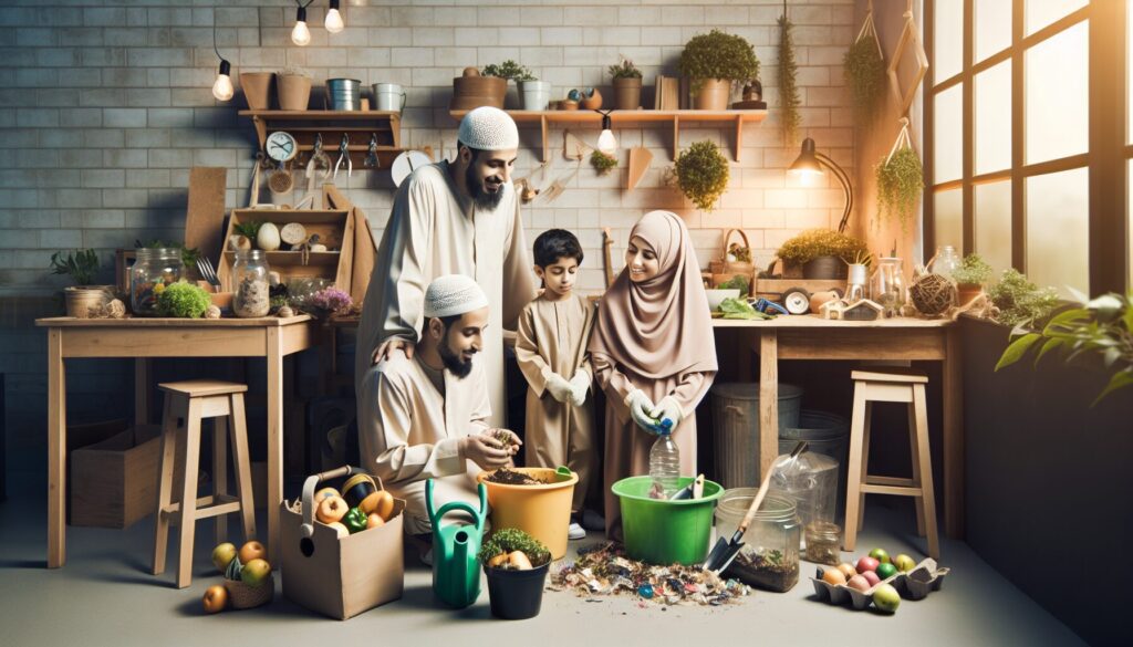 Middle Eastern family engaged in eco-friendly activities, teaching kids sustainable practices.