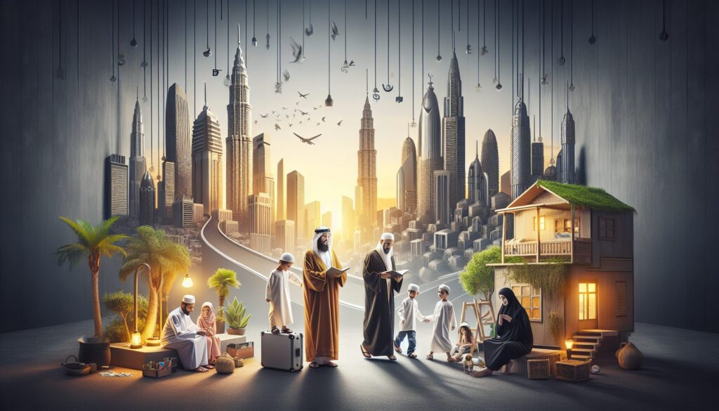 Muslim family practicing eco-friendly activities in a modern, Western setting.