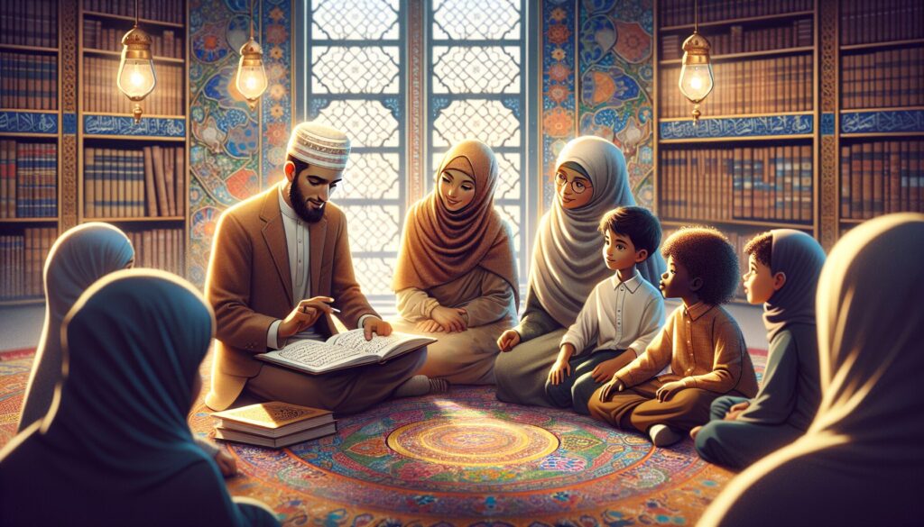 Diverse Muslim family teaching kids Islamic stories in a warmly lit, art-adorned room.
