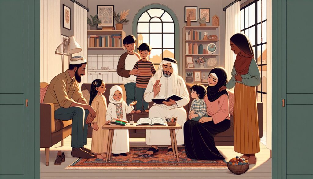 Diverse family storytelling in a warm home, blending culture and education.