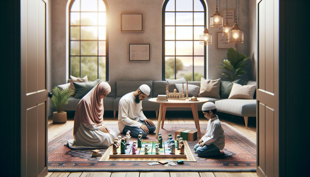 Muslim family playing prayer games for Muslim kids with figurines and prayer mats on table