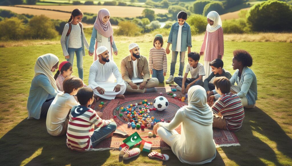 Muslim children playing prayer games outdoors together in a circle