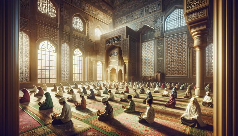 Muslim kids playing prayer games together in a bright indoor space