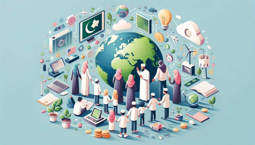 Diverse Muslim family learns about sustainable tech, highlighting eco-conscious Islamic education.