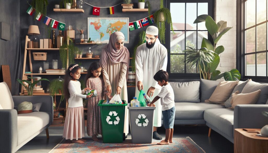 Parents teach kids recycling in an eco-friendly, culturally diverse, modern living room.