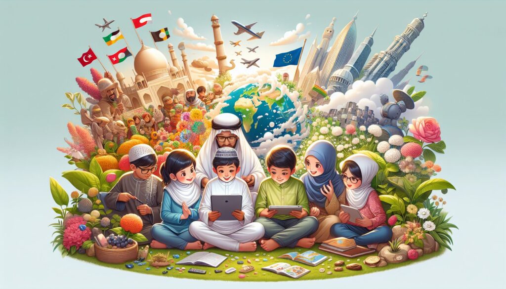 Children of diverse backgrounds explore a tablet alongside nature, symbolizing balance and growth.