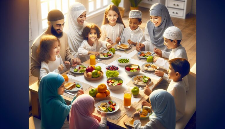 Muslim families practicing fasting for children safety through nutritious meals together