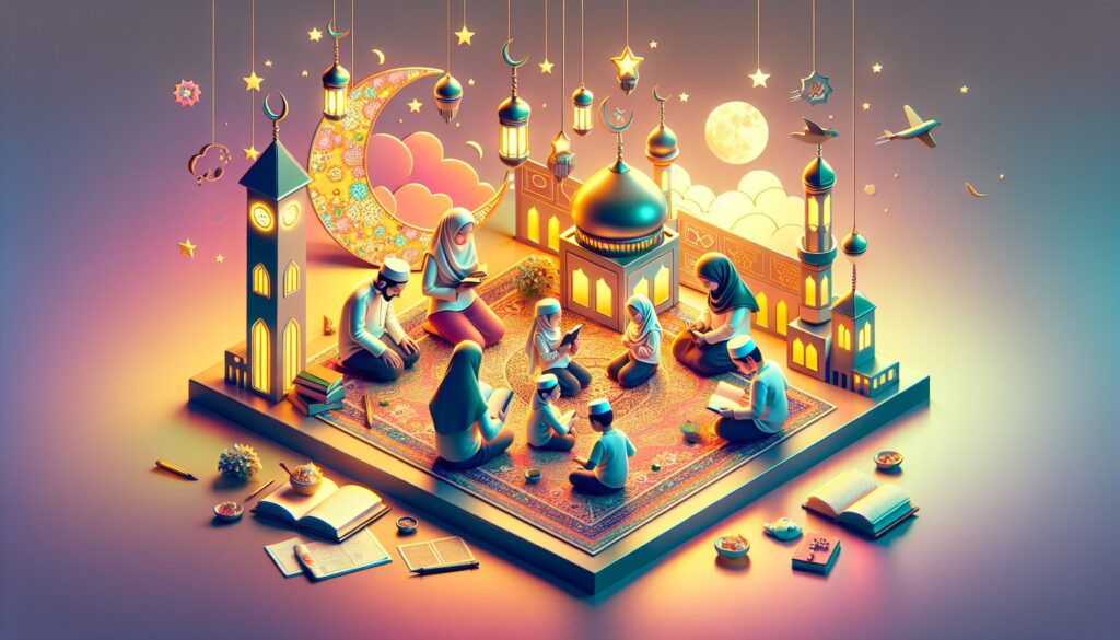 Family teaching kids about Ramadan fasting through gentle activities at home