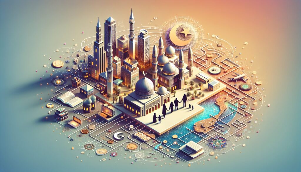 Family teaching kids about Ramadan fasting at a warmly lit dining table with dates and prayer beads