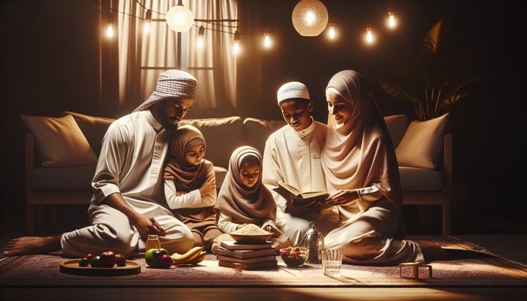 Parents teaching kids about Ramadan fasting while preparing iftar meal together