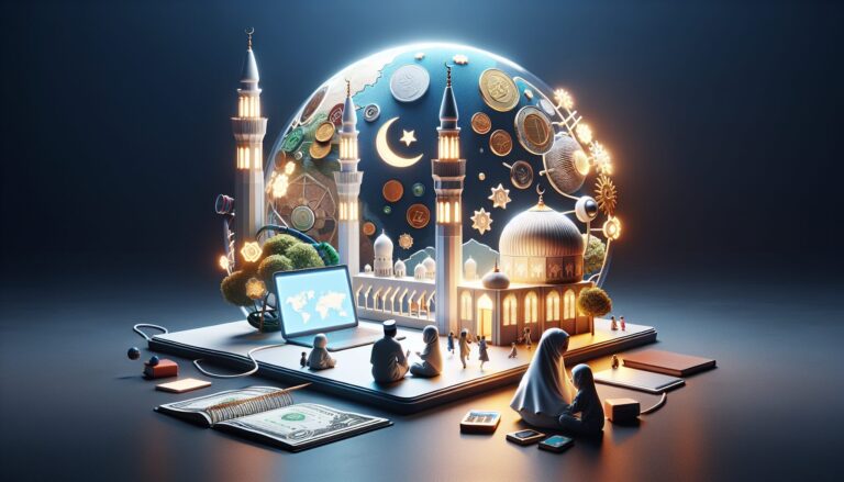 Children listening to a story with digital tablets amid a serene, culturally rich environment.