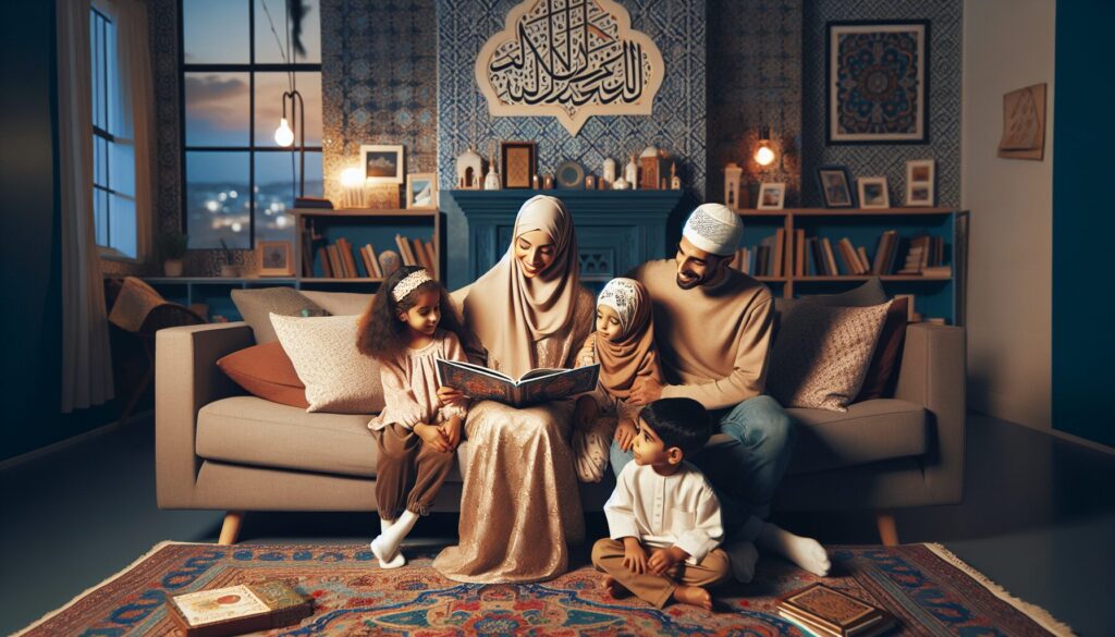 Muslim family enjoys story time in a Western-style living room with Islamic decor.