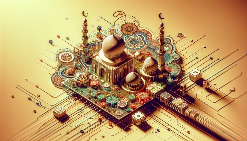 A Muslim family shares a storybook outdoors, surrounded by nature and subtle tech elements.