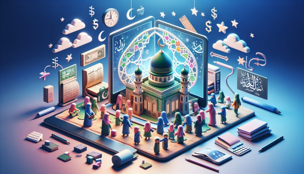 Children using tablets with Islamic patterns while gamifying Islamic prayer for kids