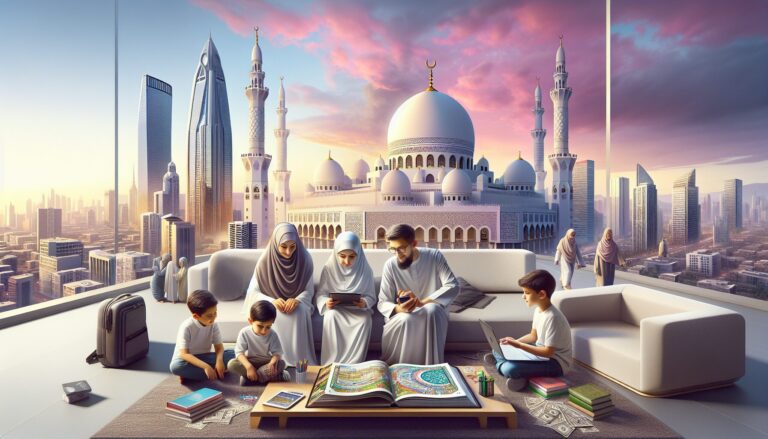 Muslim children using tablets for gamifying Islamic prayer for kids at home